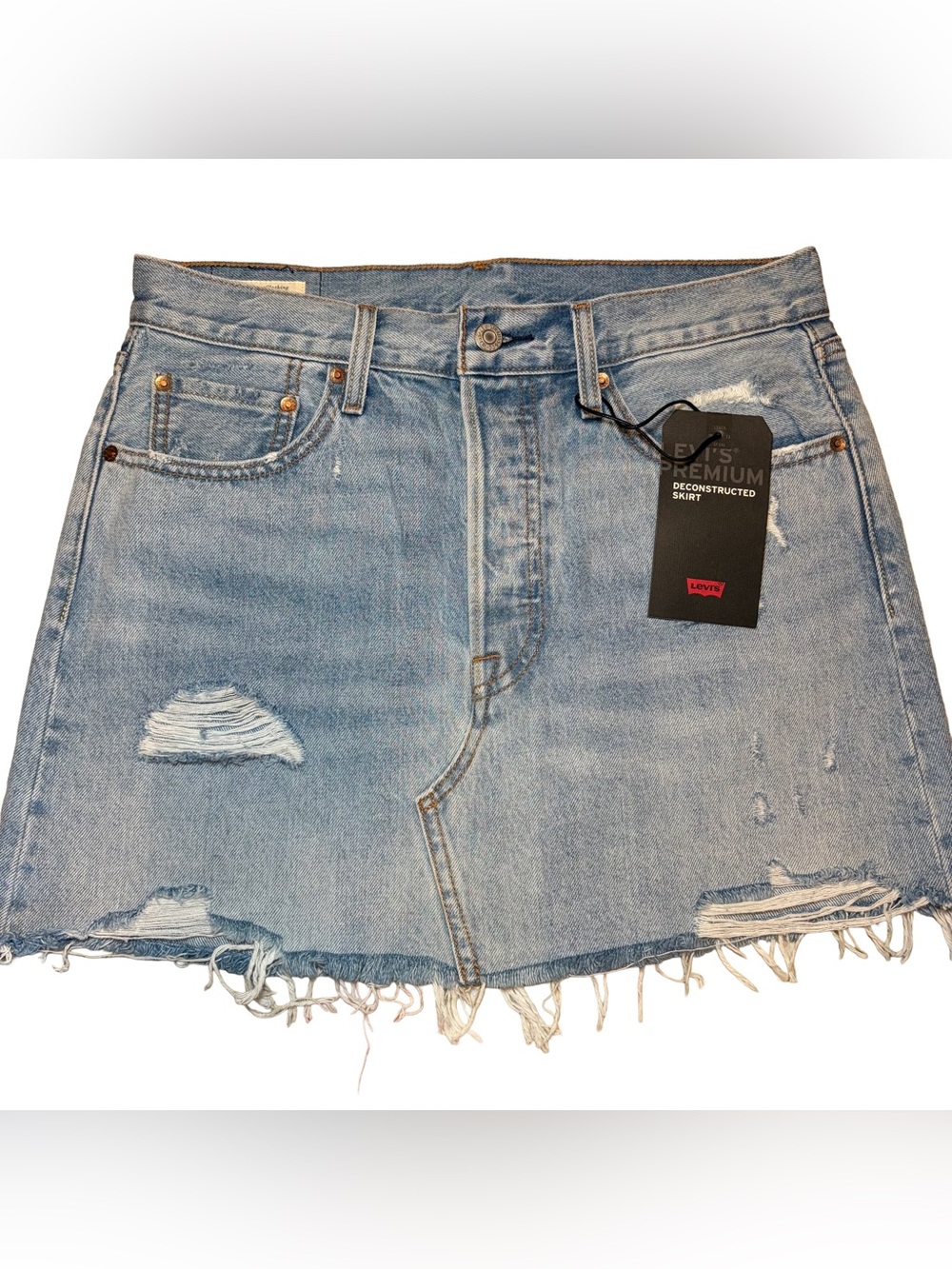 NWT Levi's Light Wash Deconstructed Denim Distressed Mini Skirt 29”
